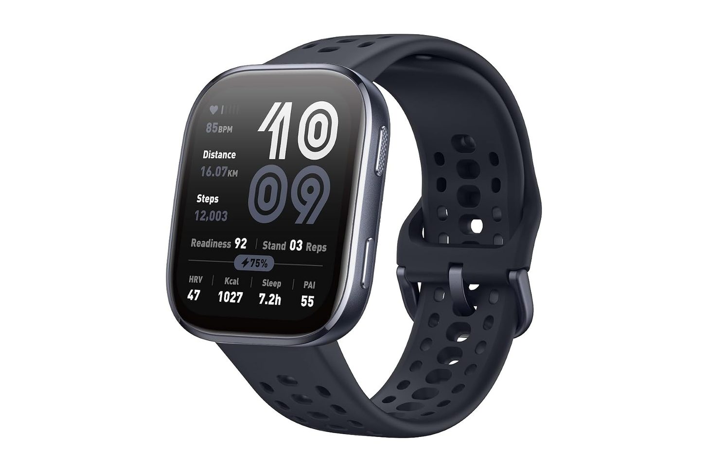 Amazfit Bip 6 smartwatch with large AMOLED display and black band