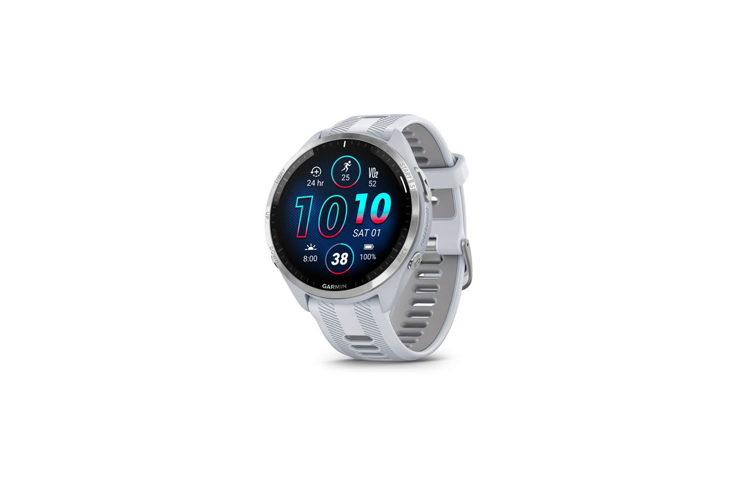 Garmin Forerunner 165 running watch with white band and AMOLED display